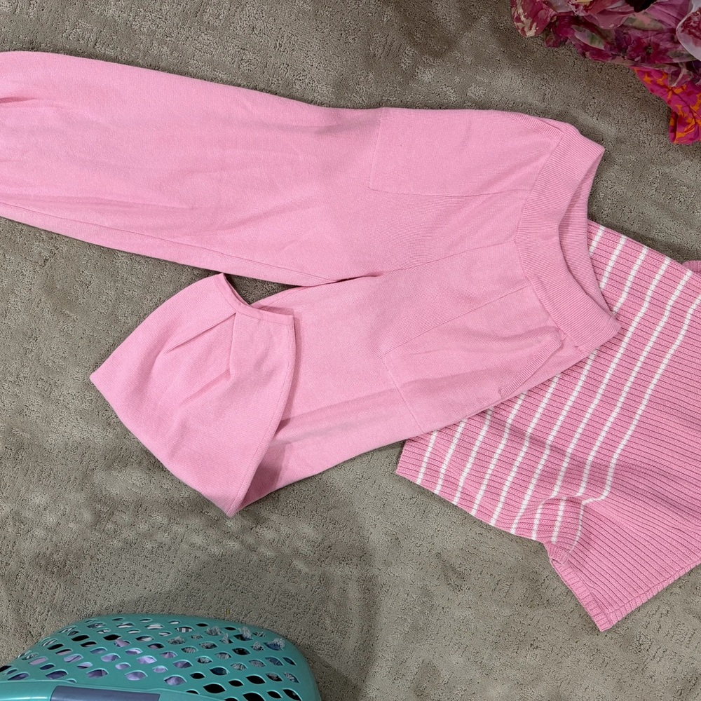 Pink Knit Sweater and Striped Top Set